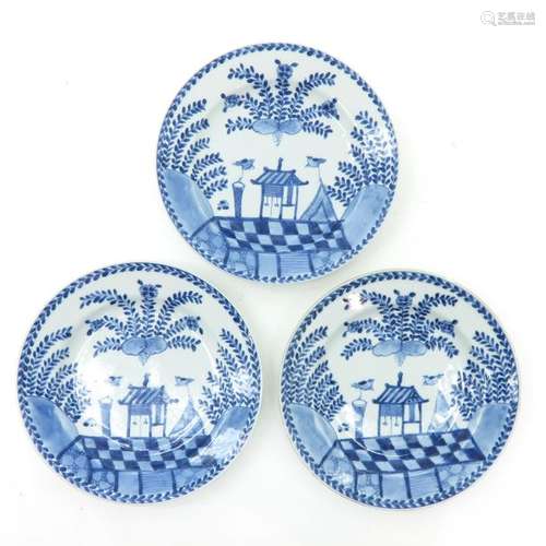 A Series of 3 Blue and White Plates Depicting scen...