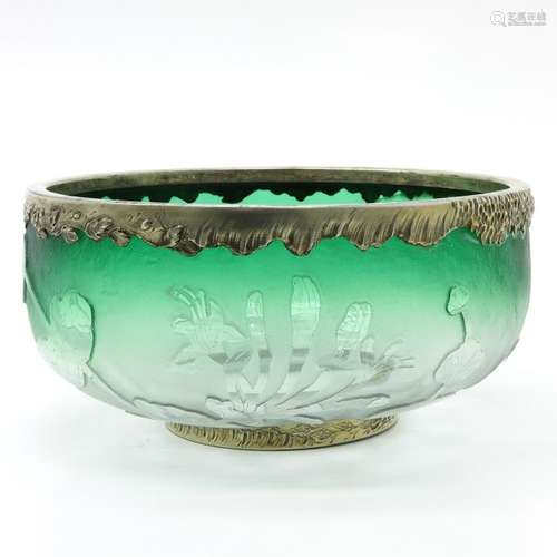 A Daum Bowl with Silver Rim Green and white glass,...