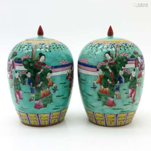 A Pair of Polychrome Decor Jars and Covers Green g...