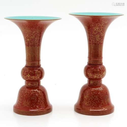 A Pair of Orange and Gilt Decor Altar Vases Marked...