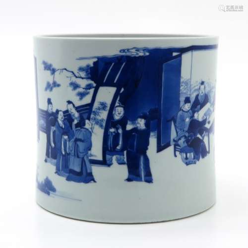 A Blue and White Brush Pot Depicting gathering of ...