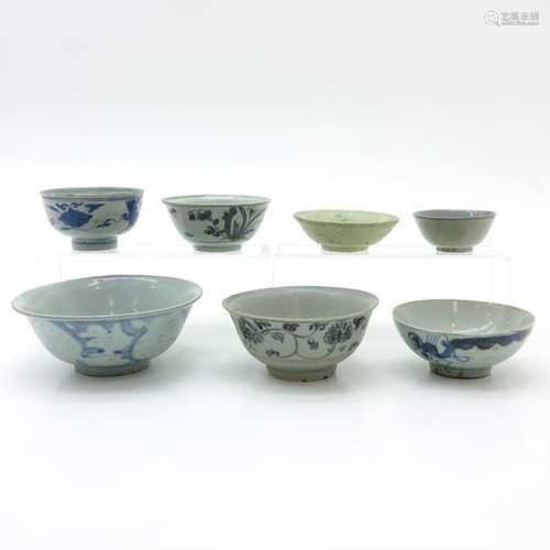 A Lot of 7 Blue and White Bowls Including Swatow, ...