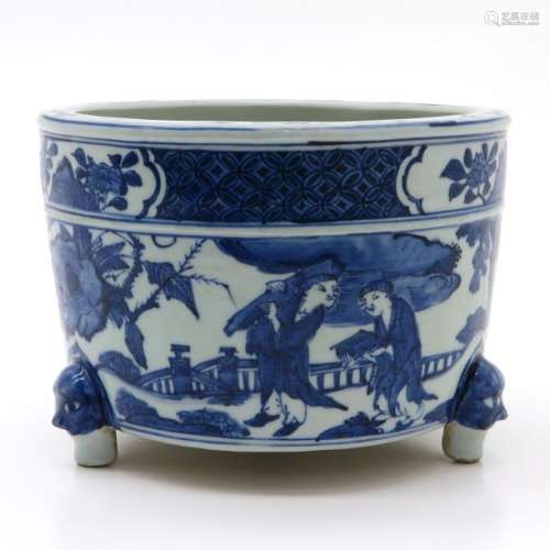 A Blue and White Cachet Pot On 3 feet, depicting s...