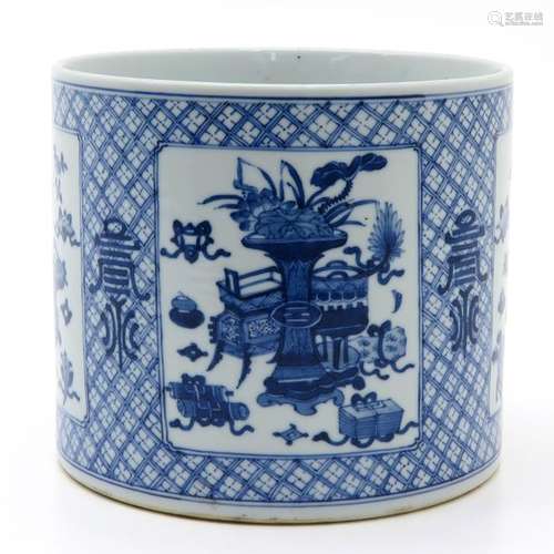 A Blue and White Brush Pot Depicting flowers in va...