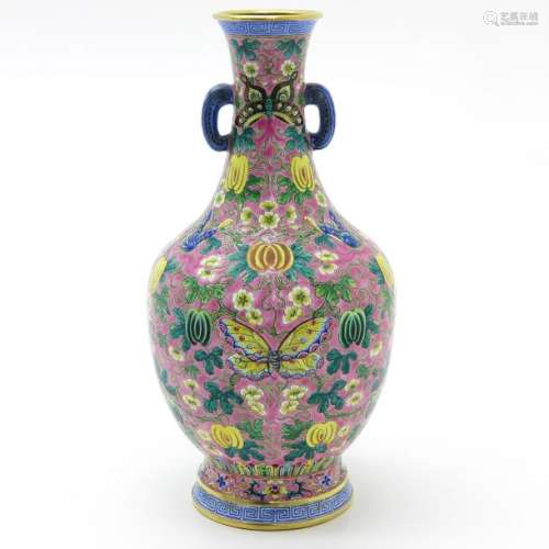 A Polychrome Decor Enamel Vase Pink ground with Fa...