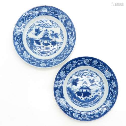 A Pair of Blue and White Plates Depicting birds wi...