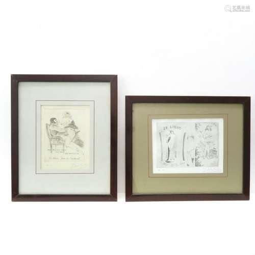 A Lot of 2 Erotic Scene Etchings Ex libris, Jean d...