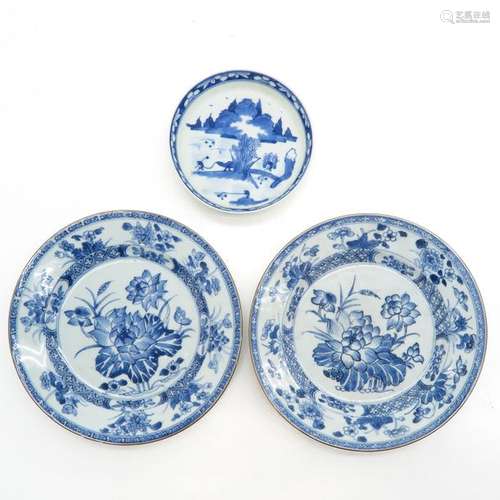 A Lot of 3 Blue and White Plates Landscape and flo...