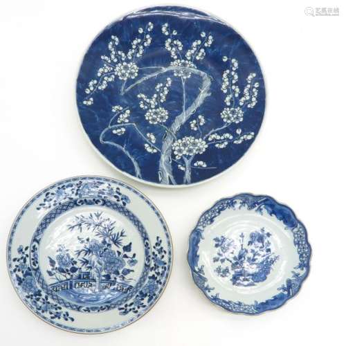 A Lot of 3 Blue and White Plates Largest is 37 cm....