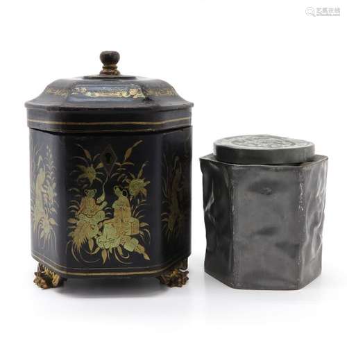 A Lacquer Tea Box Fitting pewter tea box inside, 1...