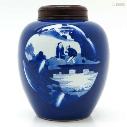 A Powder Blue Ginger Jar with Wood Top Depicting v...