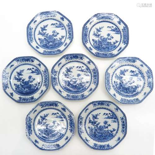 A Series of 7 Blue and White Plates Depicting flow...