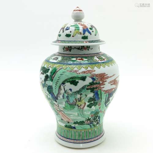 A Famille Verte Decor Vase and Cover Depicting lan...