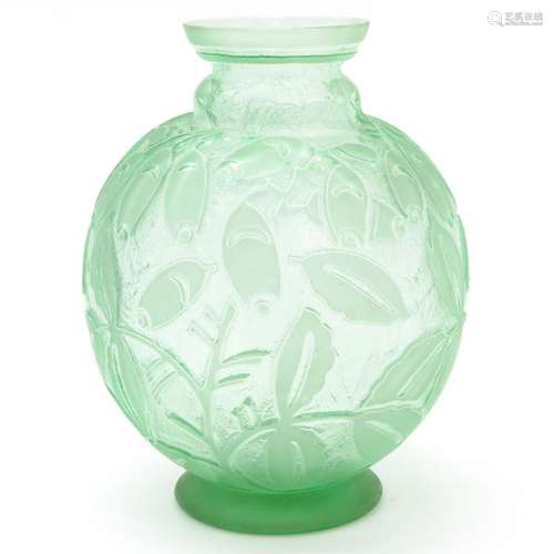 An Art Deco Daum Vase Green glass, floral decor, 2...