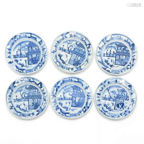 A Series of 6 Blue and White Plates Center of plat...