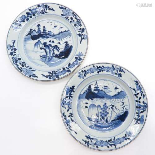 A Pair of Blue and White Plates Depicting landscap...