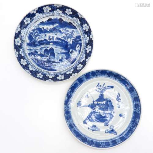 A Lot of 2 Blue and White Plates One depicting lan...