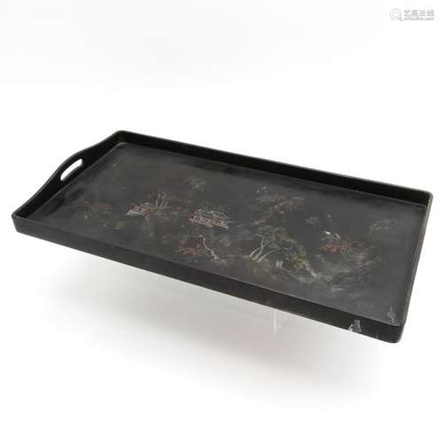 A Black Lacquered Serving Tray Landscape decor wit...