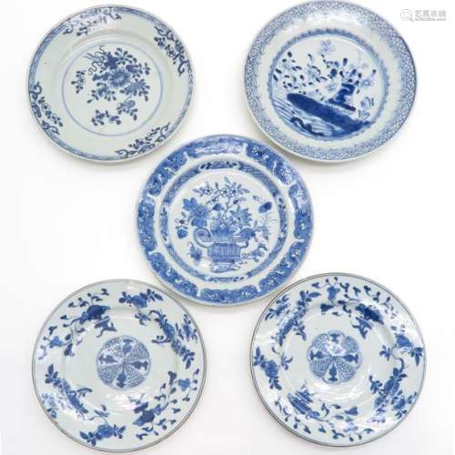 A Lot of 5 Blue and White Plates 23 cm. In diamete...