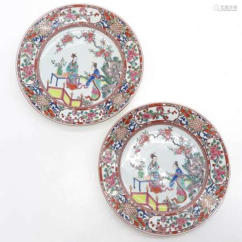 A Pair of Famille Rose Plates Depicting ladies in ...