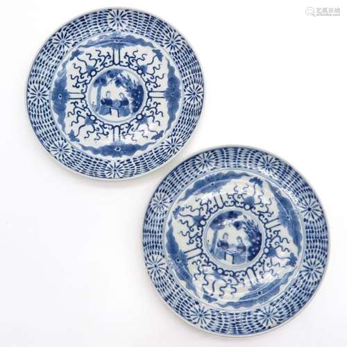 A Pair of Blue and White Plates Depicting European...