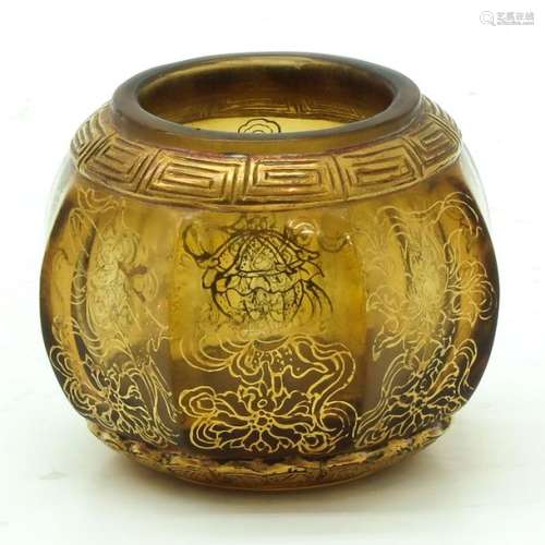 A Small Glass Vase Gold painted designs, marked on...