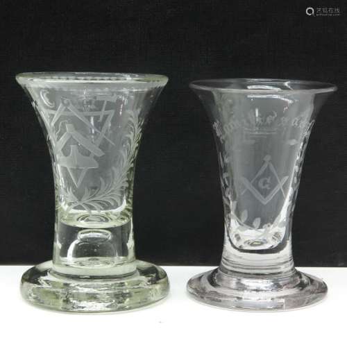 A Lot of 2 Hand Blown Glasses with Free Mason Deco...