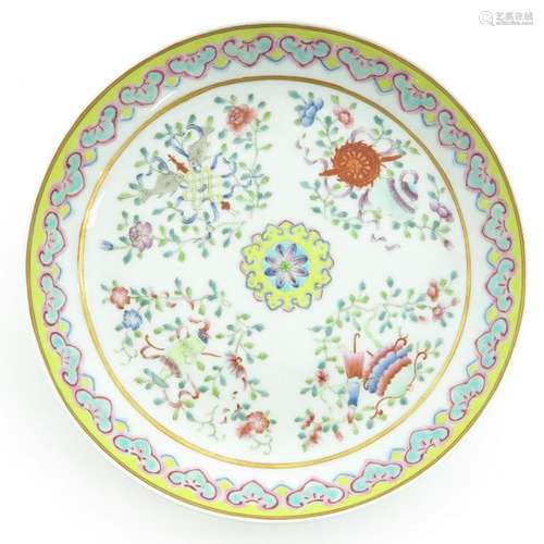 A Famille Rose Plate Yellow border with Famille Ro...