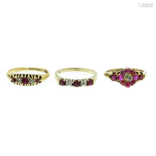 A Lot of 3 Ladies Rings with Diamonds and Rubies L...