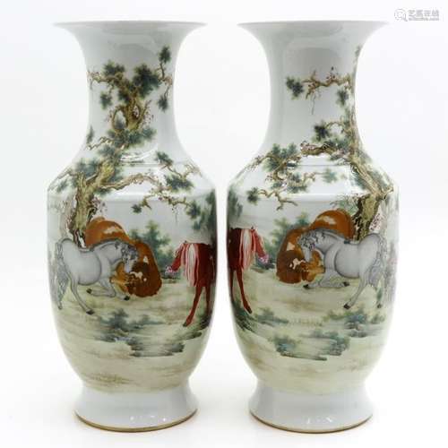 A Pair of Polychrome Decor Vases Depicting horses,...