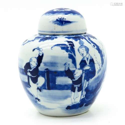 A Blue and White Ginger Jar Depicting Chinese lady...