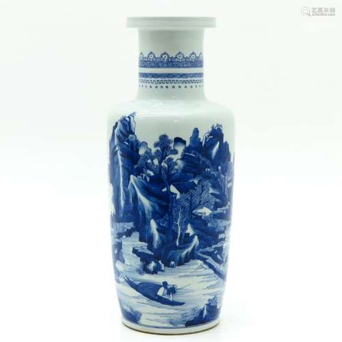 A Blue and White Rouleau Vase Landscape decor with...