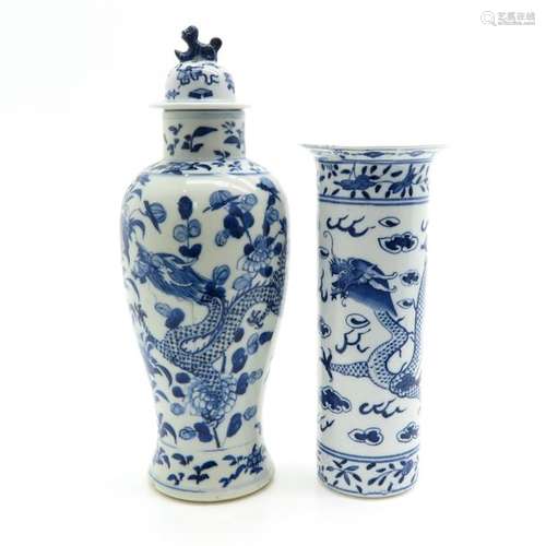 A Lot of 2 Blue and White Vases Including 1 with c...