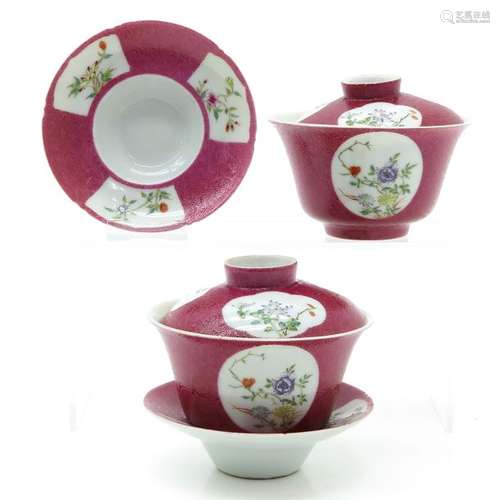 A Pair of Famille Rose Covered Cups and Saucers Ru...