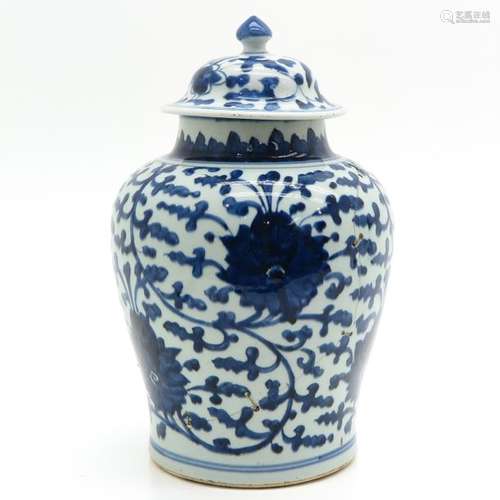 A Blue and White Temple Vase Floral decor, 38 cm. ...