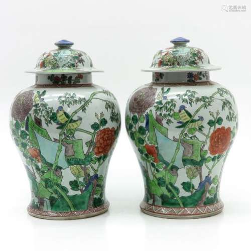 A Pair of Famille Verte Decor Temple Jar with Cove...