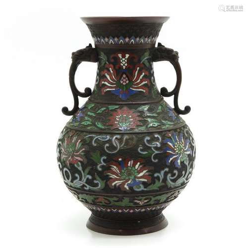 A Cloisonne Vase Floral decor with head of dragons...