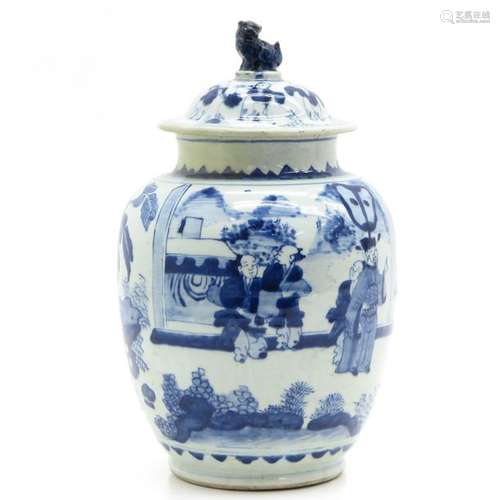 A Blue and White Temple Vase with Cover Depicting ...