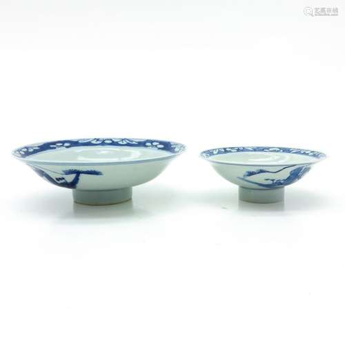 A Lot of 2 Blue and White Stemmed Bowls Depicting ...