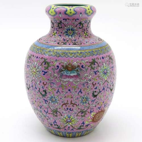 A Famille Rose Vase Pink ground with Famille Rose ...