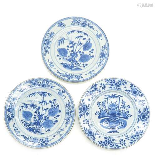 A Series of 3 Blue and White Plates Depicting flor...