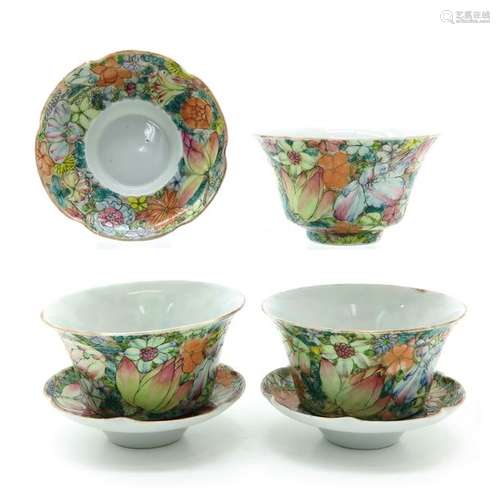 A Series of 3 Polychrome Decor Cups and Saucers De...