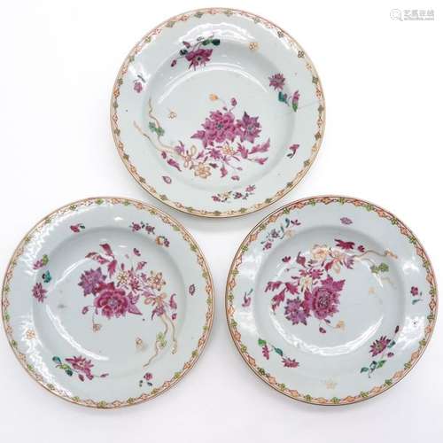 A Series of 3 Famille Rose Plates 23 cm. In diamet...