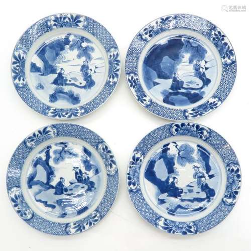 A Series of 4 Blue and White Plates Depicting gath...