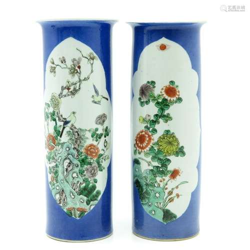 A Pair of Powder Blue Vases Polychrome floral deco...