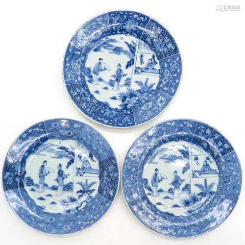 A Series of 3 Blue and White Plates Depicting ladi...