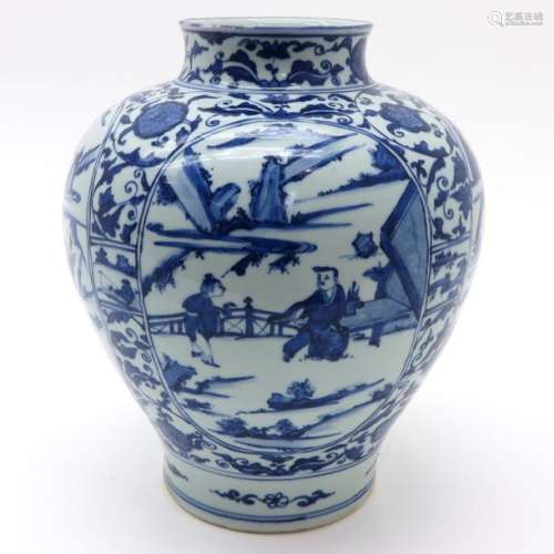 A Large Blue and White Jar Depicting landscape sce...