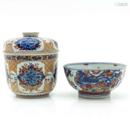 A Polychrome Covered Jar and Bowl Both in floral d...