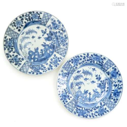 A Pair of Blue and White Plates Floral decor borde...