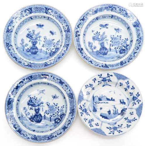 A Lot of 4 Blue and White Plates In floral and lan...